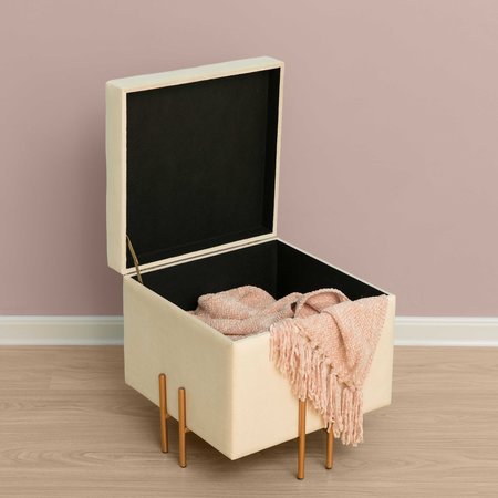 Fabulaxe Square Velvet Storage Ottoman with Rose Gold Legs, Ivory QI003937.IV